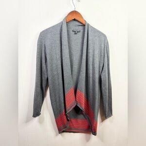 Eileen Fisher grey red stipe open merino wool lightweight cardigan sweater SP